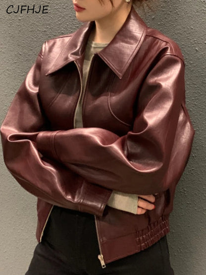 CJFHJE Fashion Trench Leather Jackets Women Streetwear Moto Biker Zipper Leather Jacket Casual High Street Cropped Leather Coats