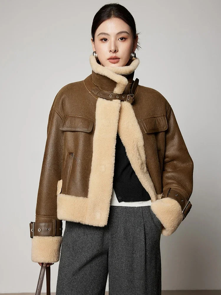Simple Short Genuine Leather Real Fur Jacket for Women 2026 New High-end Luxury Natural Merino Sheep Fur Winter Lambswool Coats