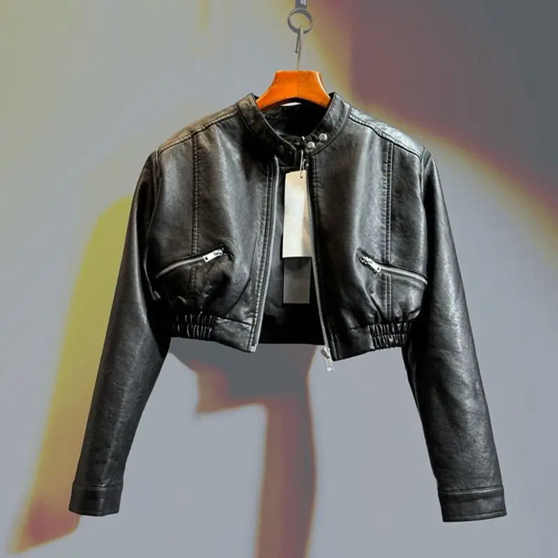 2025 Autumn New Handsome Versatile Short Motorcycle Jacket Top High Waist PU Leather Jacket for Women  Faux Fur Coat