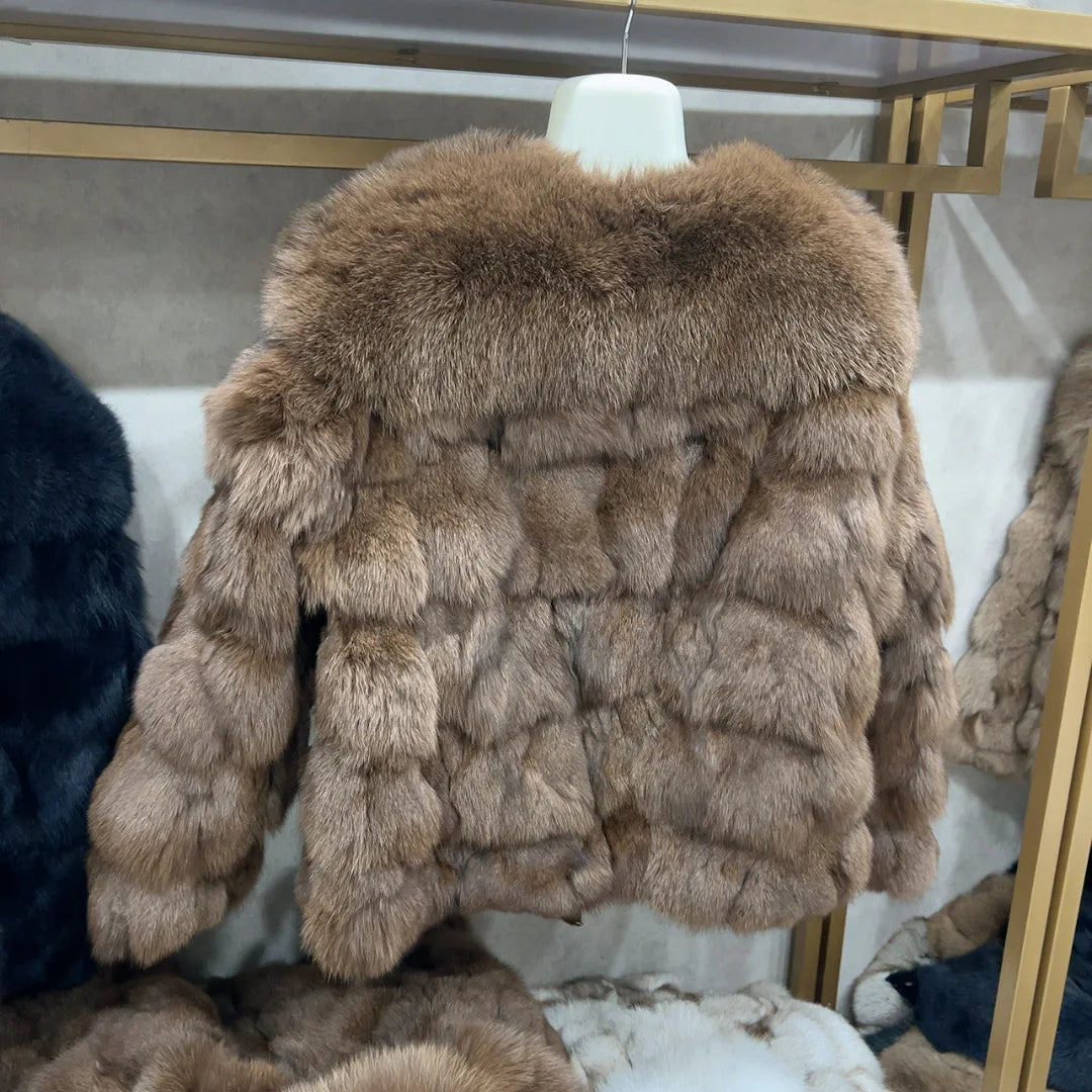 New women's natural real fox fur coat with fox collar for winter fashion and warmth short fox fur leather jacket HUA QIU MEI SI