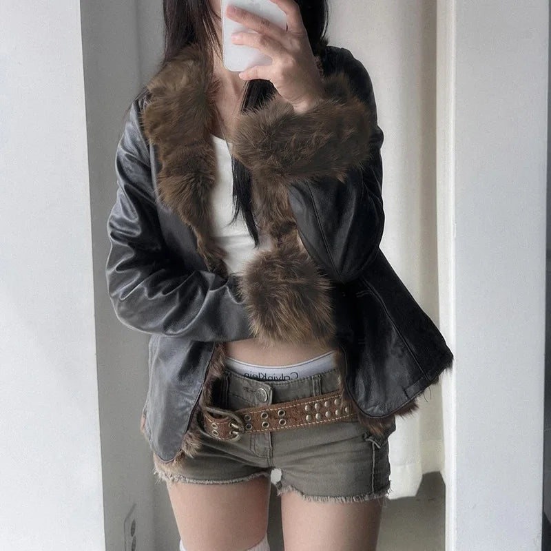American 2024 Winter New Fur Collar Spliced Leather Jacket Street Hot Girl Fashion Slim and Warm Jacket