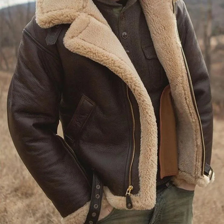 Thickened Leather Fur Integrated Men's Jacket Men's Outerwear Fashionable Urban Style Zipper Closure Solid Color Winter Coat