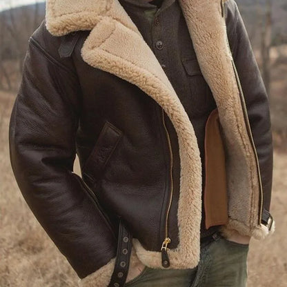 Thickened Leather Fur Integrated Men's Jacket Men's Outerwear Fashionable Urban Style Zipper Closure Solid Color Winter Coat