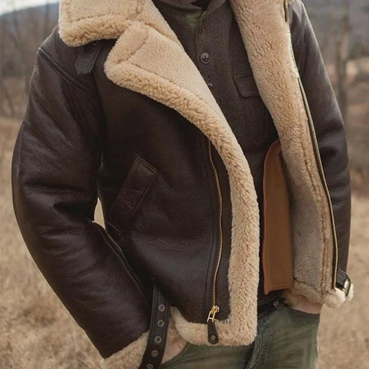 Thickened Leather Fur Integrated Men's Jacket Men's Outerwear Fashionable Urban Style Zipper Closure Solid Color Winter Coat