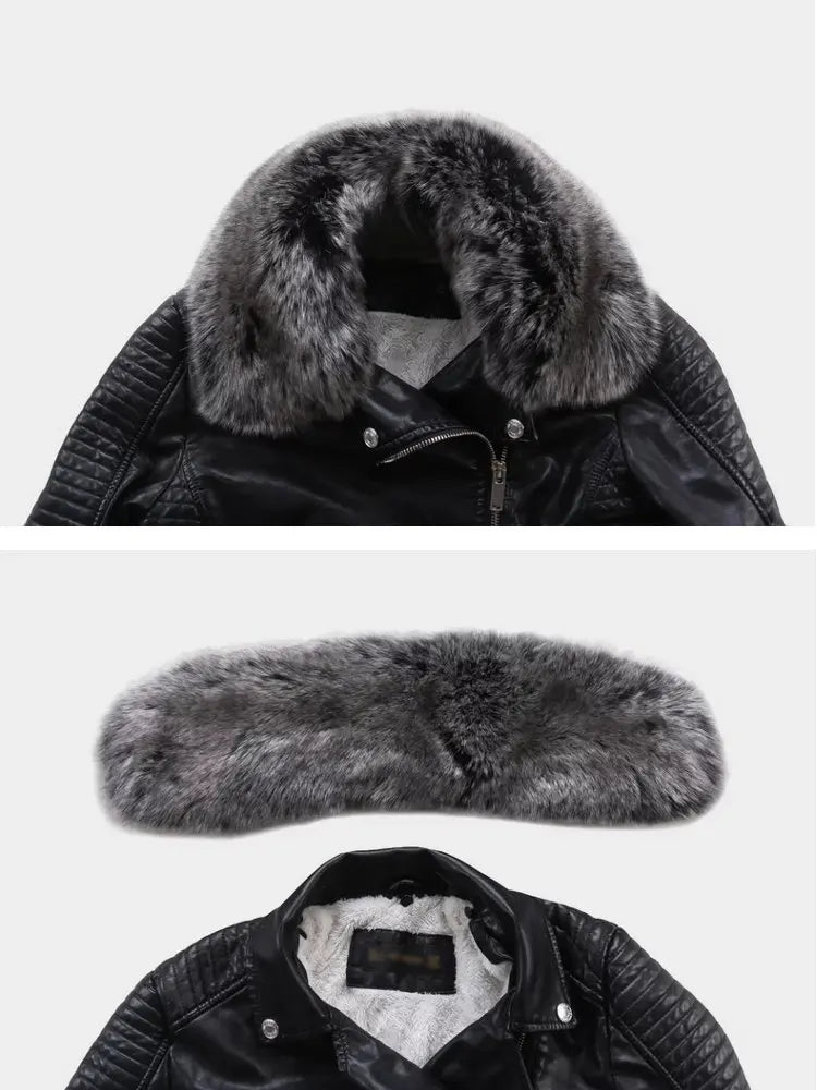 2026 Hot Fashion Women New Winter Warm Faux Leather Jackets with Fur Collar Belt Ladies Thick Black Moto & Biker Outerwear Coats