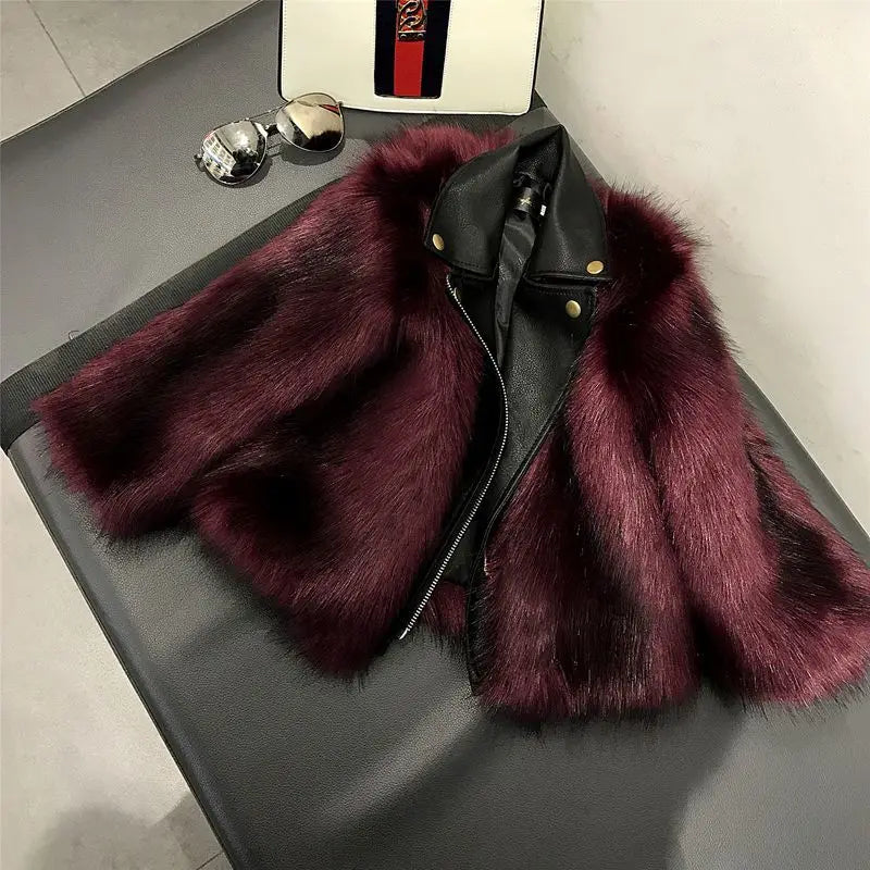 Kids Faux Fox Fur Jacket Short Thickened Biker Coat Leather & Fur Blend Outerwear for Boys Girls