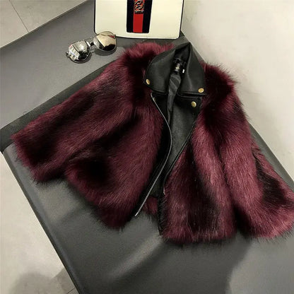 Kids Faux Fox Fur Jacket Short Thickened Biker Coat Leather & Fur Blend Outerwear for Boys Girls