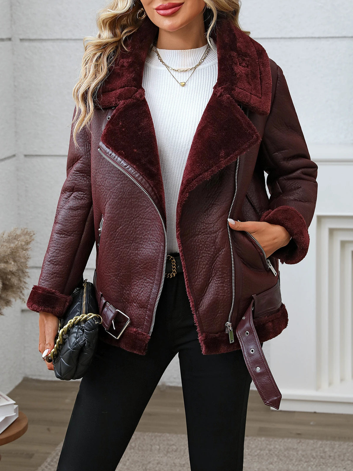 FTLZZ Winter Women Faux Fur Leather Jacket High Street Motorcycle Outwear Casual Lady Thick Warm Leather Jacket