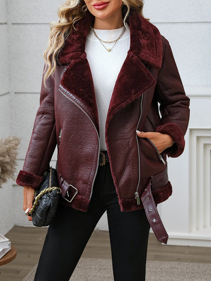 FTLZZ Winter Women Faux Fur Leather Jacket High Street Motorcycle Outwear Casual Lady Thick Warm Leather Jacket