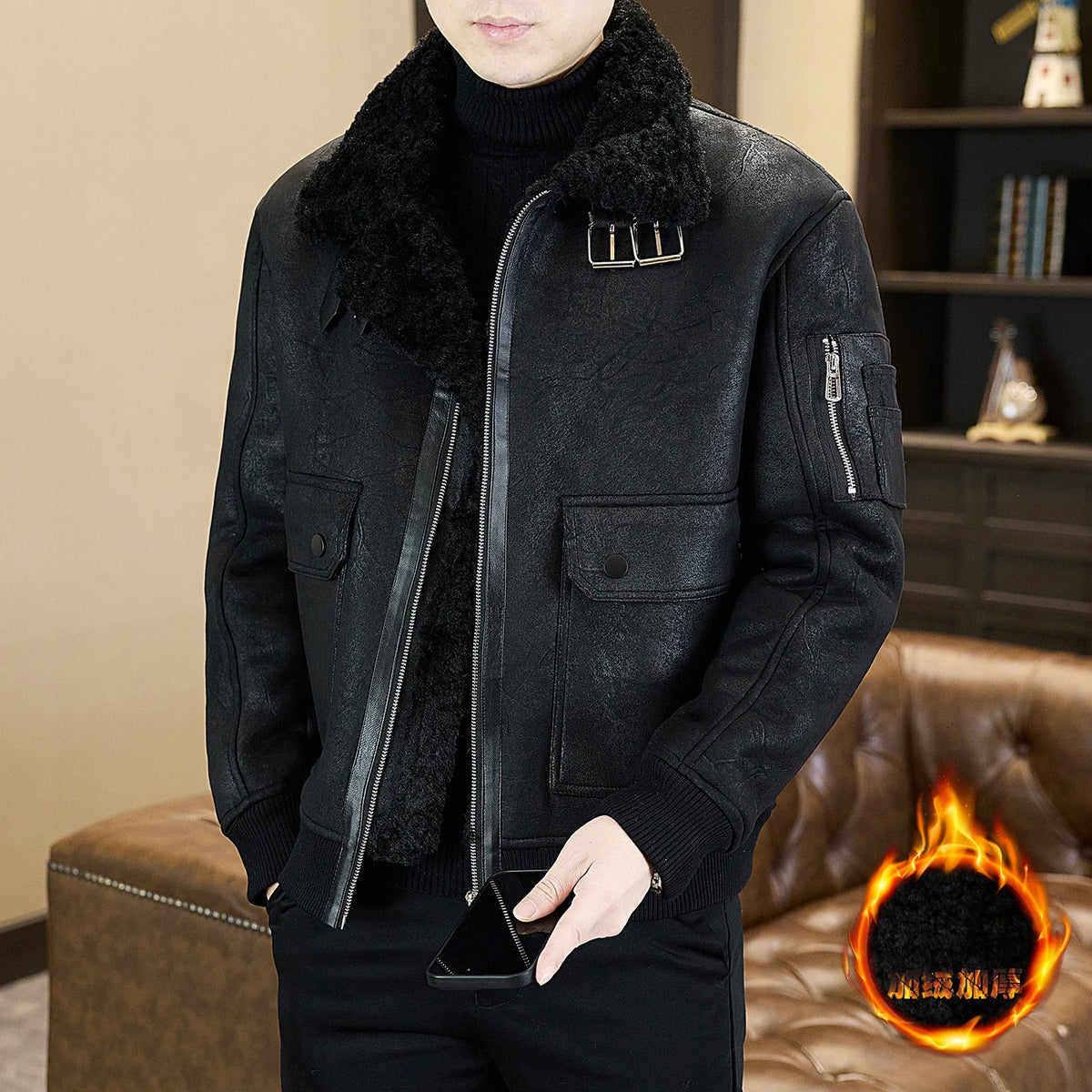 2025 Winter Fur Integrated Leather Jacket Men Thick Velvet Imitation Fur Leather Coat Loose Motorcycle Coat Casual Streetwear