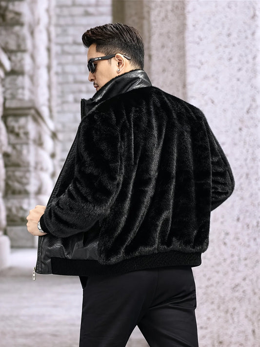 Winter Stand-Up Collar Men's Fashionable Casual Warm Faux Mink Fur Spliced Pu Leather Jacket