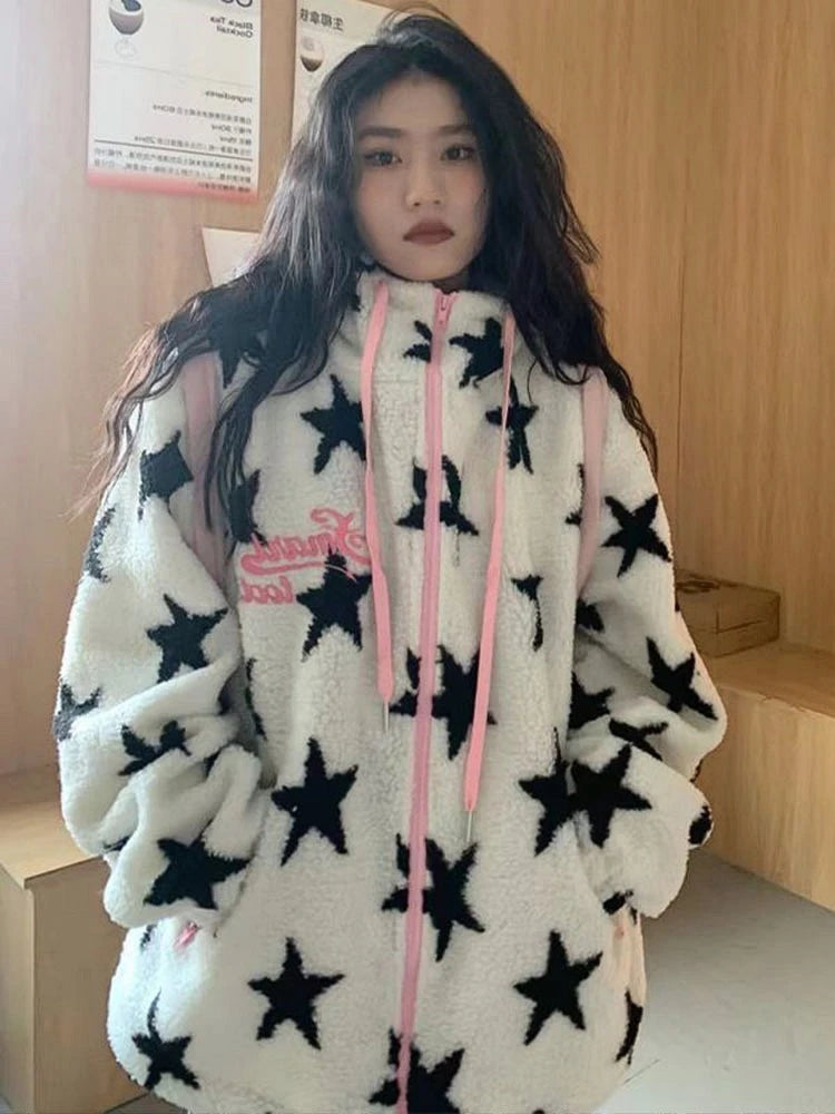 Retro American Lamb Fur Jacket Women's Autumn Winter Loose Thickened Fleece Casual Cotton Coat Trendy Street Style