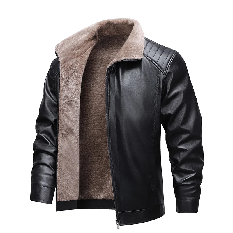 Leather Jacket Man Fleece Lined Winter Jacket Fashion Retro Motorcycle Biker Jacket Faux Leather Coat Outwear Casual Streetwear