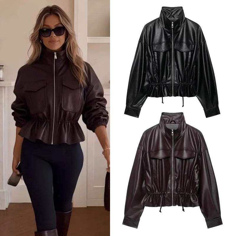 Women's Faux Leather Jacket with Adjustable Waist, Zip Front Short Coat, Retro Biker Style Outerwear for Fall
