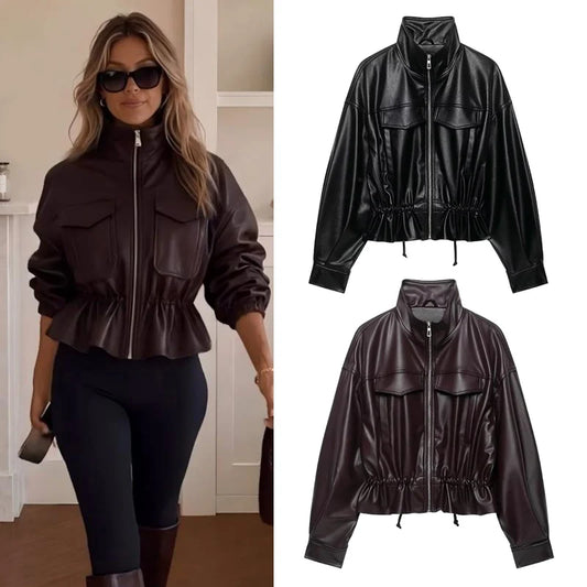 Women's Faux Leather Jacket with Adjustable Waist, Zip Front Short Coat, Retro Biker Style Outerwear for Fall