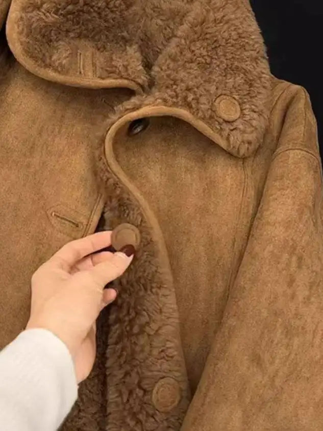 Caramel Lamb Fur Jacket Short Warm Retro Style Integrated Leather And Fur Women's Coat Thickened Straight Cut Daily Wear