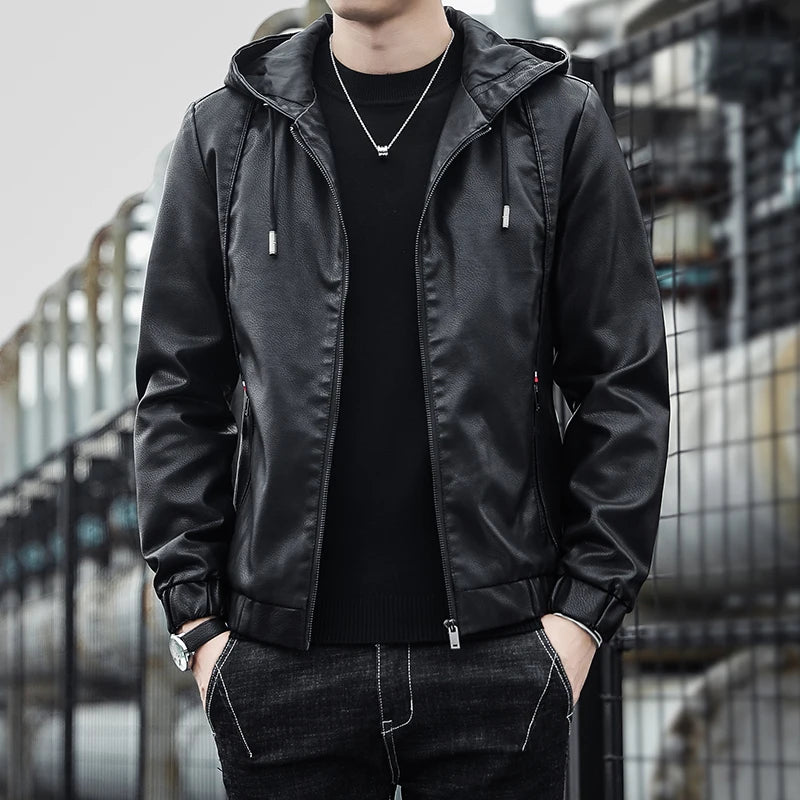 Hooded Leather Jacket Men Black Leather Jacke Hooded Lighweight Motorcycle Jacket Men Fashion Clothing New Mens High Quality