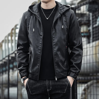 Hooded Leather Jacket Men Black Leather Jacke Hooded Lighweight Motorcycle Jacket Men Fashion Clothing New Mens High Quality