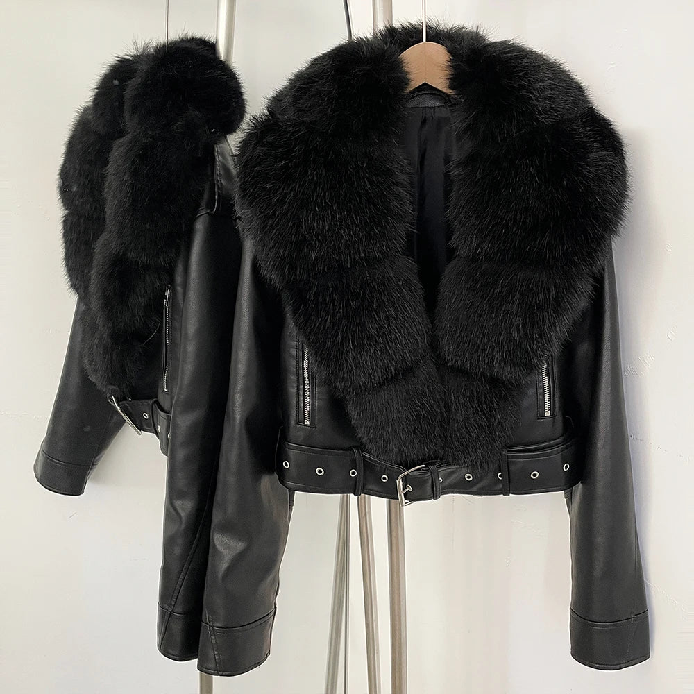Fur Coat Eco-friendly Long Sleeve Autumn Faux Leather Jacket Short Clothing Female Spring New PU Fur Jacket Artificial Pockets