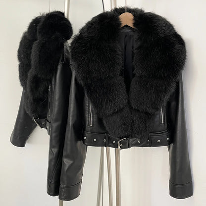 Fur Coat Eco-friendly Long Sleeve Autumn Faux Leather Jacket Short Clothing Female Spring New PU Fur Jacket Artificial Pockets