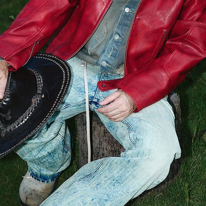 Men's Red Long-Sleeved  Leather Jacket American Retro Fashion Trend Street Hip-Hop Loose Casual Niche 2026 Men's New Jacket