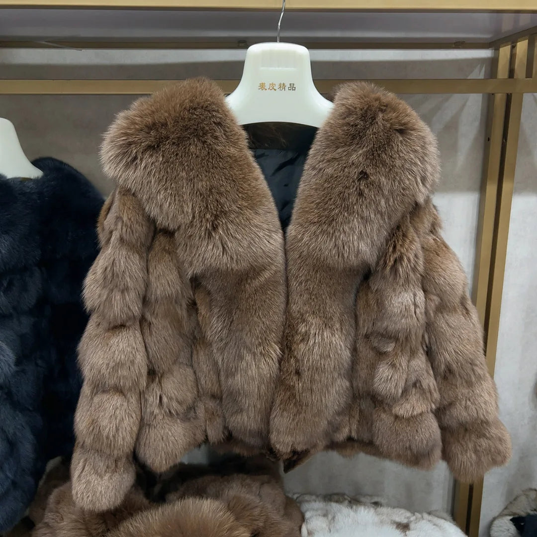 New women's natural real fox fur coat with fox collar for winter fashion and warmth short fox fur leather jacket HUA QIU MEI SI