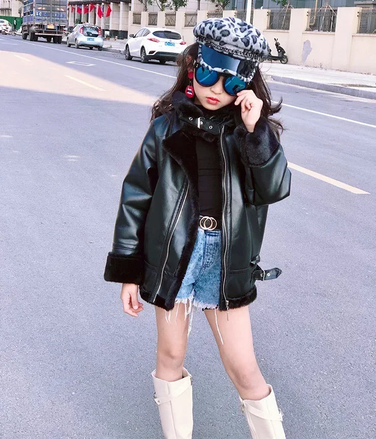 2024 Girls  Jacket  Leather Motorcycle  Kids Coats Fleece   Children  Jacket  Winter Autumn