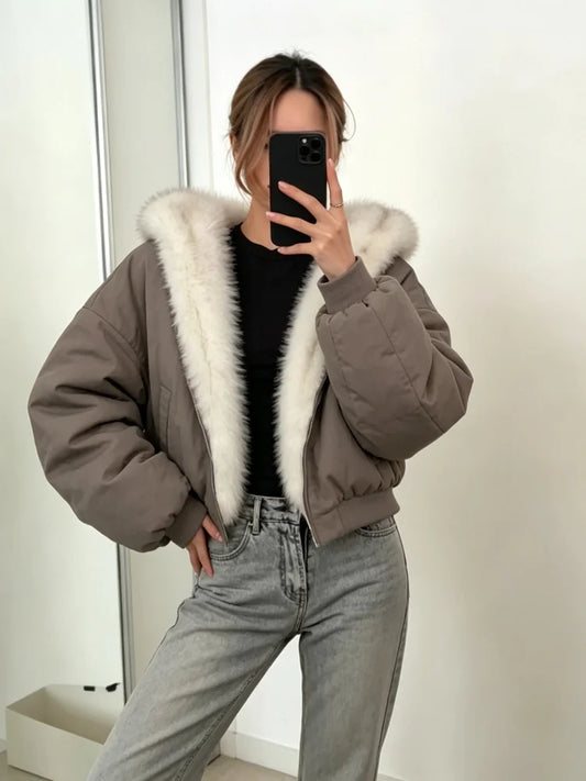 Reversible Faux Fur Hooded Jacket Women Zip Up Oversized Cropped Coat 2 Ways Wear 2026 Winter Casual Street Outerwear