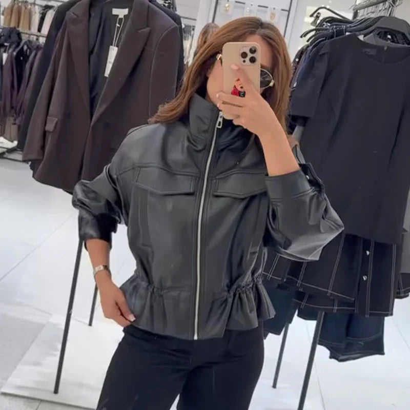 Women's Faux Leather Jacket with Adjustable Waist, Zip Front Short Coat, Retro Biker Style Outerwear for Fall