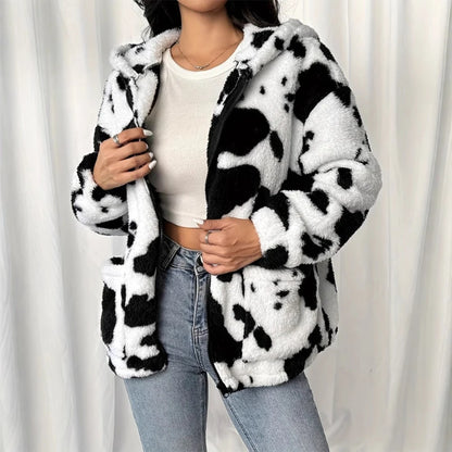 Faux Fur Jacket 2025 Autumn and Winter Printed Casual Zipper Women's Warm Jacket