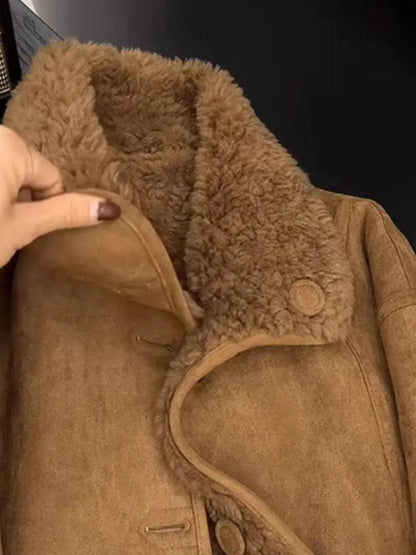 Caramel Lamb Fur Jacket Short Warm Retro Style Integrated Leather And Fur Women's Coat Thickened Straight Cut Daily Wear