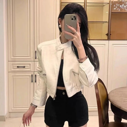2025 Autumn New Handsome Versatile Short Motorcycle Jacket Top High Waist PU Leather Jacket for Women  Faux Fur Coat