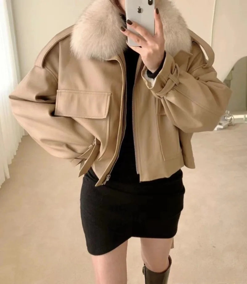 2024 Autumn and Winter Velvet Thickened Leather Jacket Short Removable Imitation Fox Fur Collar Fur All-in-one Jacket Women