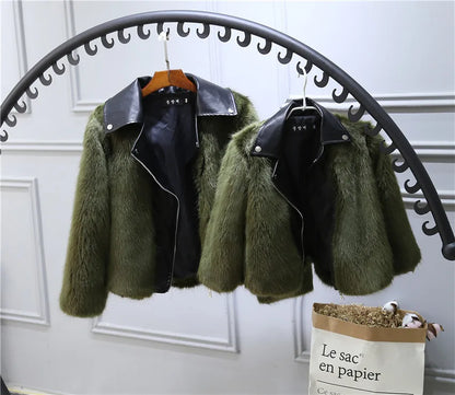 Kids Faux Fox Fur Jacket Short Thickened Biker Coat Leather & Fur Blend Outerwear for Boys Girls