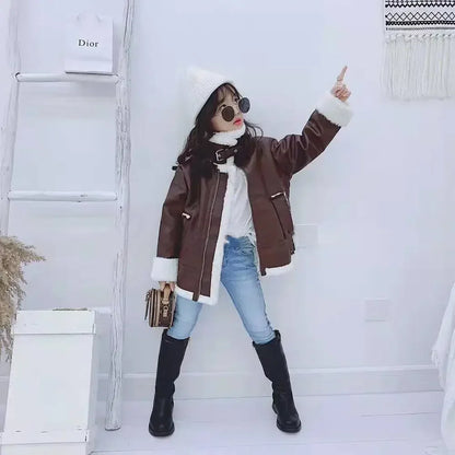 2024 Girls  Jacket  Leather Motorcycle  Kids Coats Fleece   Children  Jacket  Winter Autumn