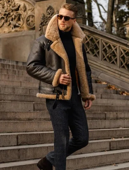 Thickened Leather Fur Integrated Men's Jacket Men's Outerwear Fashionable Urban Style Zipper Closure Solid Color Winter Coat