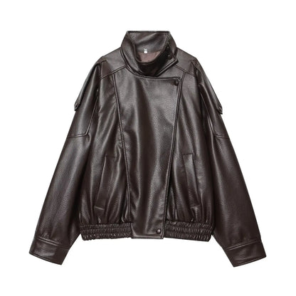TFMLN Chic Black Faux Leather Jackets Women Long Sleeve Buttons Elastic Oversized Coats Fashion 2025 Autumn Winter Streetwear