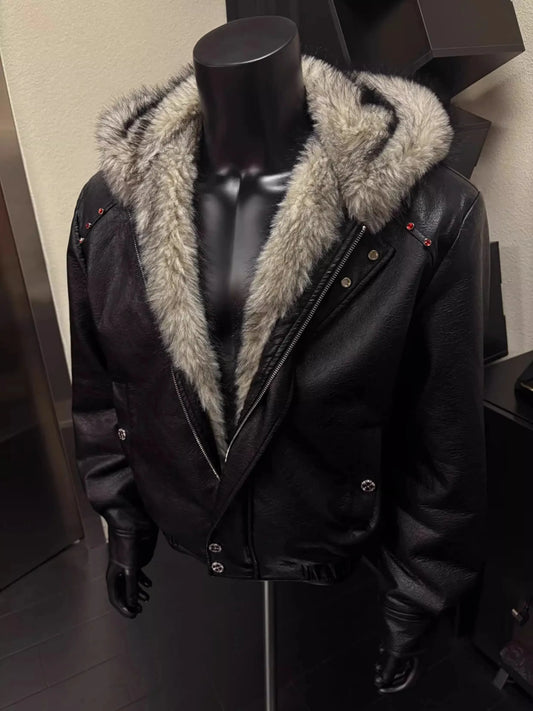 Good Quality PU Leather Faux Fur Leather Jacket Winter Coat Man Woman Vintage Casual Thicken Warm Leather Coat Outerwear