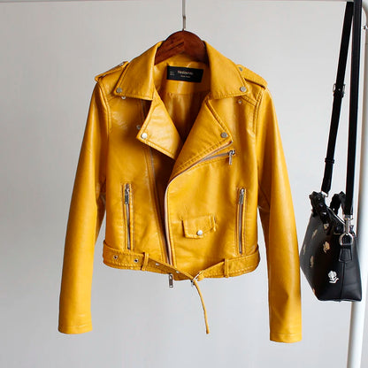 New Leather Jacket Women's Fashion Autumn PU Slim Fit Artificial Leather Motorcycle Coat Black Red Leather Jacket Women