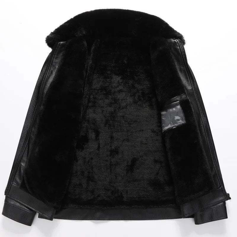 Men's Faux Fur Collar PU Leather Jacket Velvet Thickened Faux Leather Autumn Winter Coat Fleece-Lined Men's Outerwear