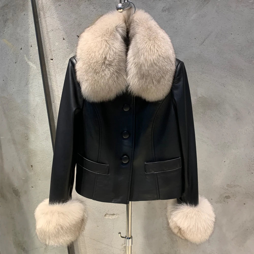 Fox Fur Collar Leather Jackets Women Autumn Luxury Natural Fox Fur Leather Jackets with Long Sleeve