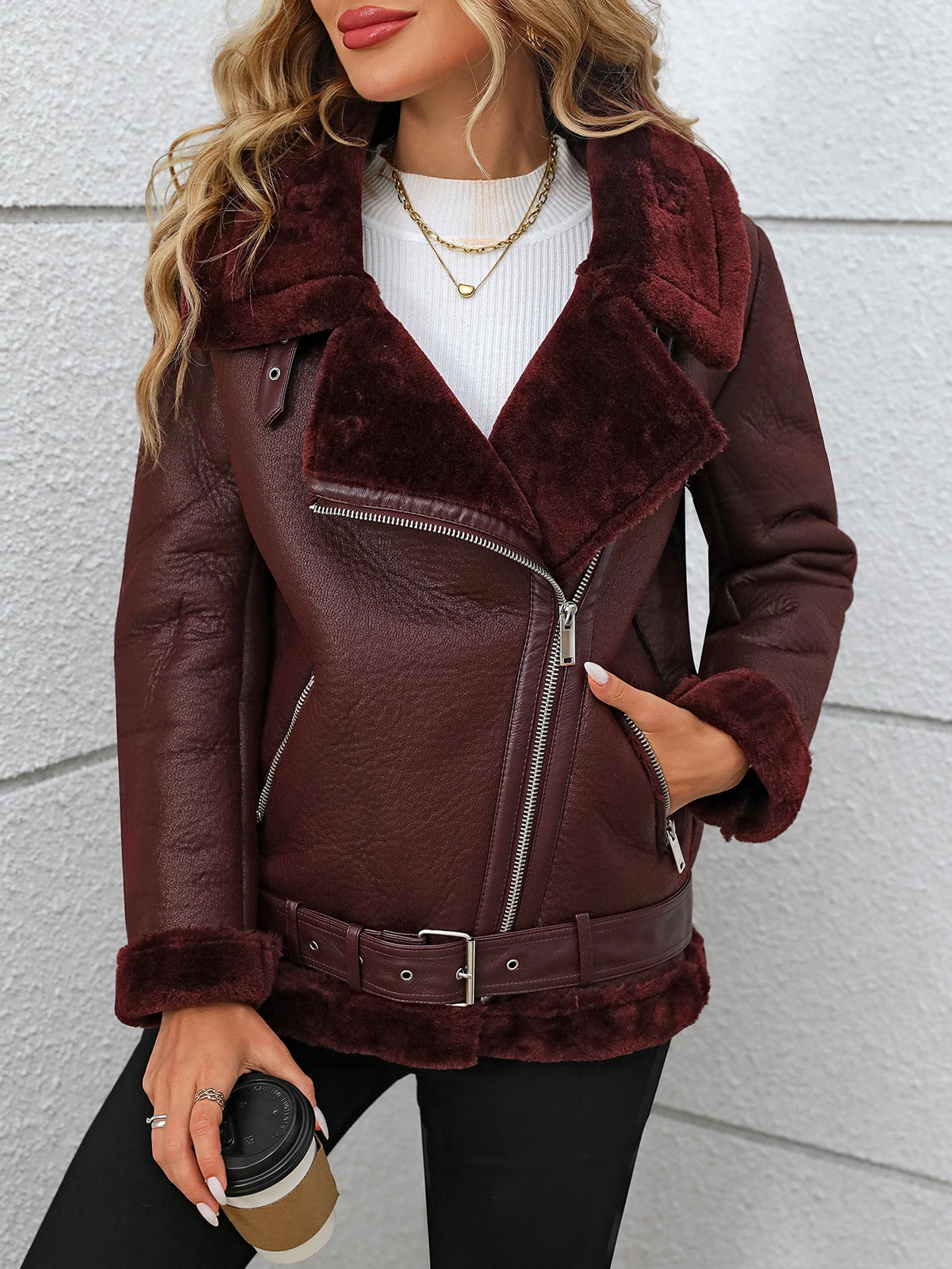 FTLZZ Winter Women Faux Fur Leather Jacket High Street Motorcycle Outwear Casual Lady Thick Warm Leather Jacket