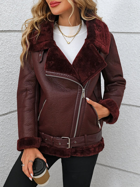 FTLZZ Winter Women Faux Fur Leather Jacket High Street Motorcycle Outwear Casual Lady Thick Warm Leather Jacket