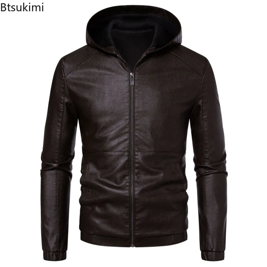 New Autumn Winter Men's Fleece Leather Jackets Casual Warm Windbreaker Hooded Coats Men Motorcycle PU Leather Jackets Streetwear
