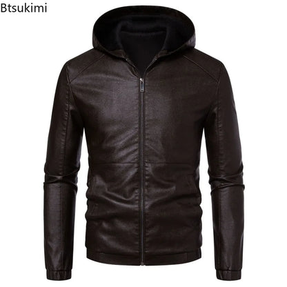 New Autumn Winter Men's Fleece Leather Jackets Casual Warm Windbreaker Hooded Coats Men Motorcycle PU Leather Jackets Streetwear