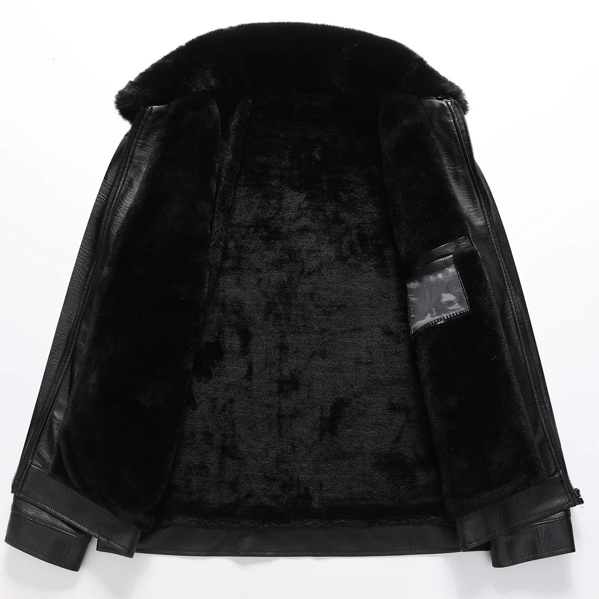 Men's Faux Fur Collar PU Leather Jacket Velvet Thickened Faux Leather Autumn Winter Coat Fleece-Lined Men's Outerwear
