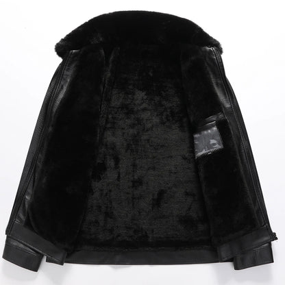 Men's Faux Fur Collar PU Leather Jacket Velvet Thickened Faux Leather Autumn Winter Coat Fleece-Lined Men's Outerwear