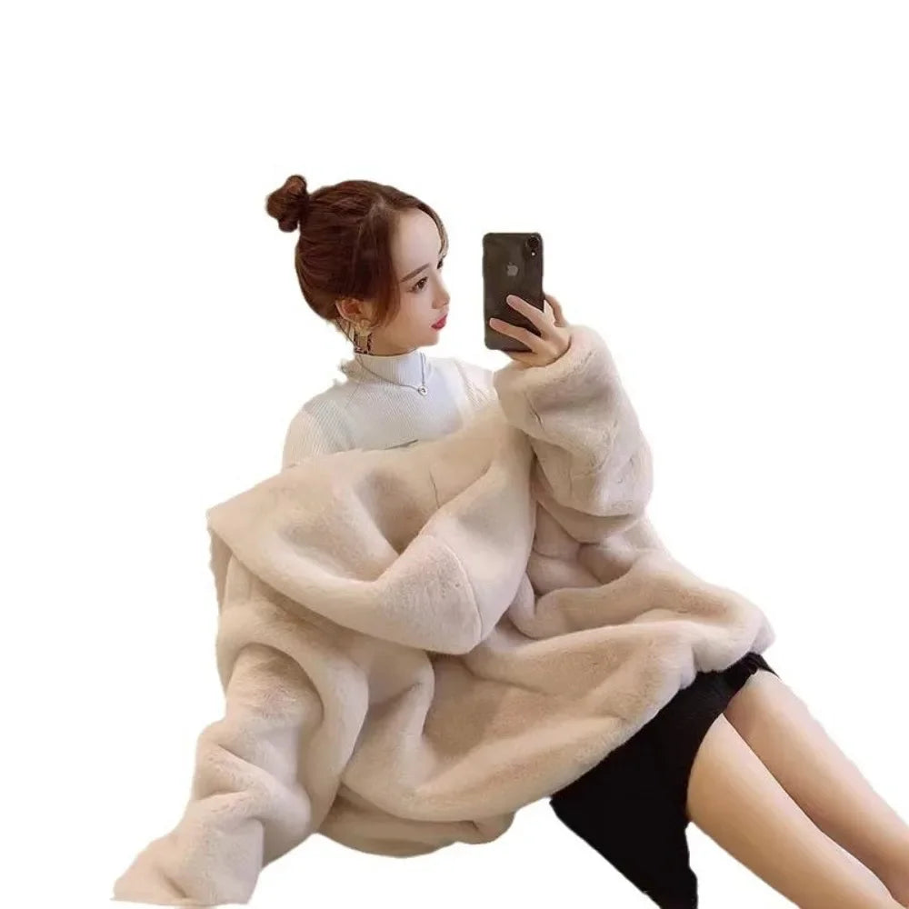 Fur Jacket for Women 2024 New Autumn and Winter Outfit  Thick Hooded Imitation Rabbit Mink Plush Loose Short Jacket for Women