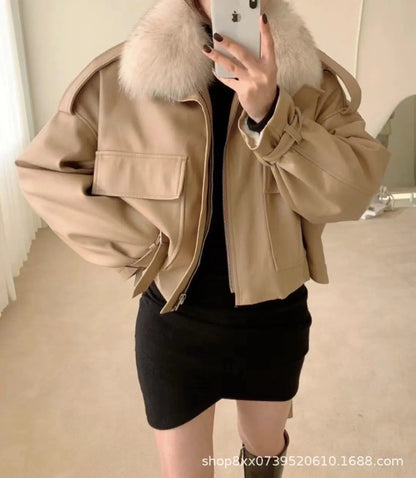 2026 Fleece Thickened Leather Jacket Short Removable Imitation Fox Fur Collar Fur Integrated Jacket Women's Fashion