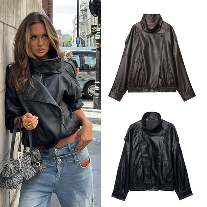 Women's Faux Leather Jacket New Fashion Long Sleeve Versatile Jacket Personality Chic Women Coat Autumn Winter Ladies Outerwear